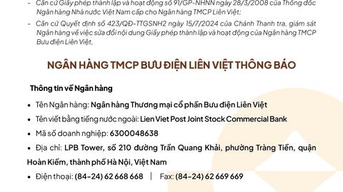 LPBank thông báo sửa đổi giấy phép thành lập và hoạt động của ngân hàng