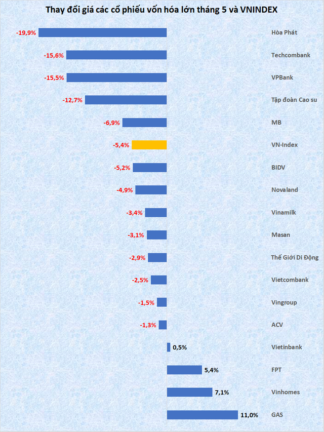 Vốn hóa Hòa Phát, VPBank, Techcombank bốc hơi mạnh nhất tháng 5, FPT, Vinhomes, GAS ngược dòng ấn tượng  - Ảnh 2.