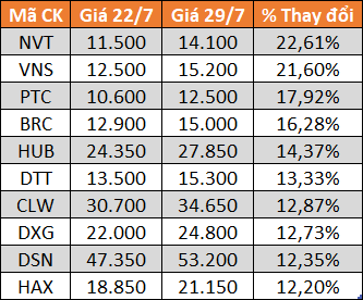 10 cổ phiếu tăng/giảm mạnh nhất tuần: Nhiều mã bứt phá nhờ KQKD quý II tích cực - Ảnh 1.
