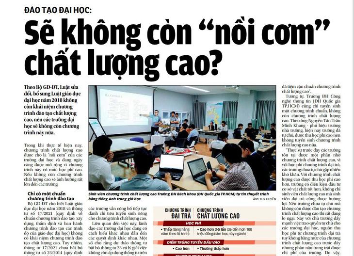 Đào tạo chất lượng cao: Quyền tự chủ của các trường - Ảnh 1. Dự thảo thông tư bãi bỏ khái niệm chương trình đào tạo chất lượng cao gây ý kiến trái chiều vì liên quan tới “nồi cơm” của các trường đại học