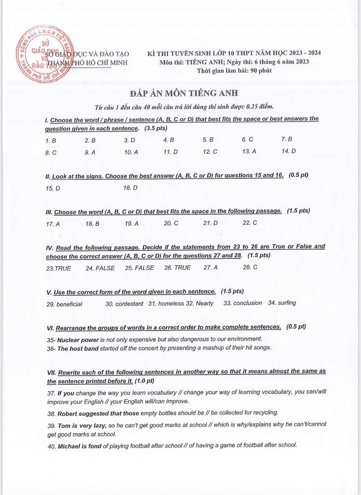 TP.HCM công bố đáp án các môn thi vào lớp 10 - Ảnh 20.