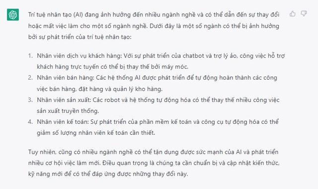 ChatGPT và chatbot AI của Việt Nam liệt kê các công việc dễ bị mất việc bởi trí tuệ nhân tạo - Ảnh 3.