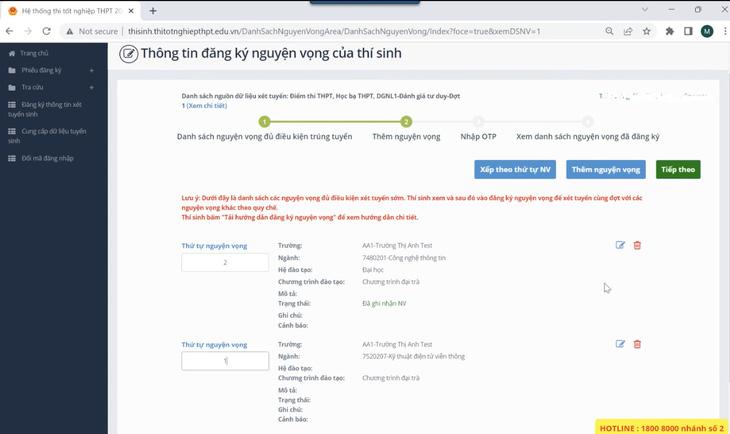 Giao diện trang đăng ký thông tin xét tuyển sinh trên hệ thống của Bộ GD-ĐT - Ảnh chụp màn hình