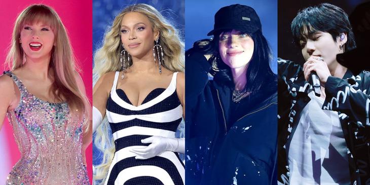 Taylor Swift, Beyonce, Billie Eilish và Jung Kook - 4 trong số 25 Nghệ sĩ Bạch kim của âm nhạc năm 2023 - Ảnh: Getty, WireImage, BMS