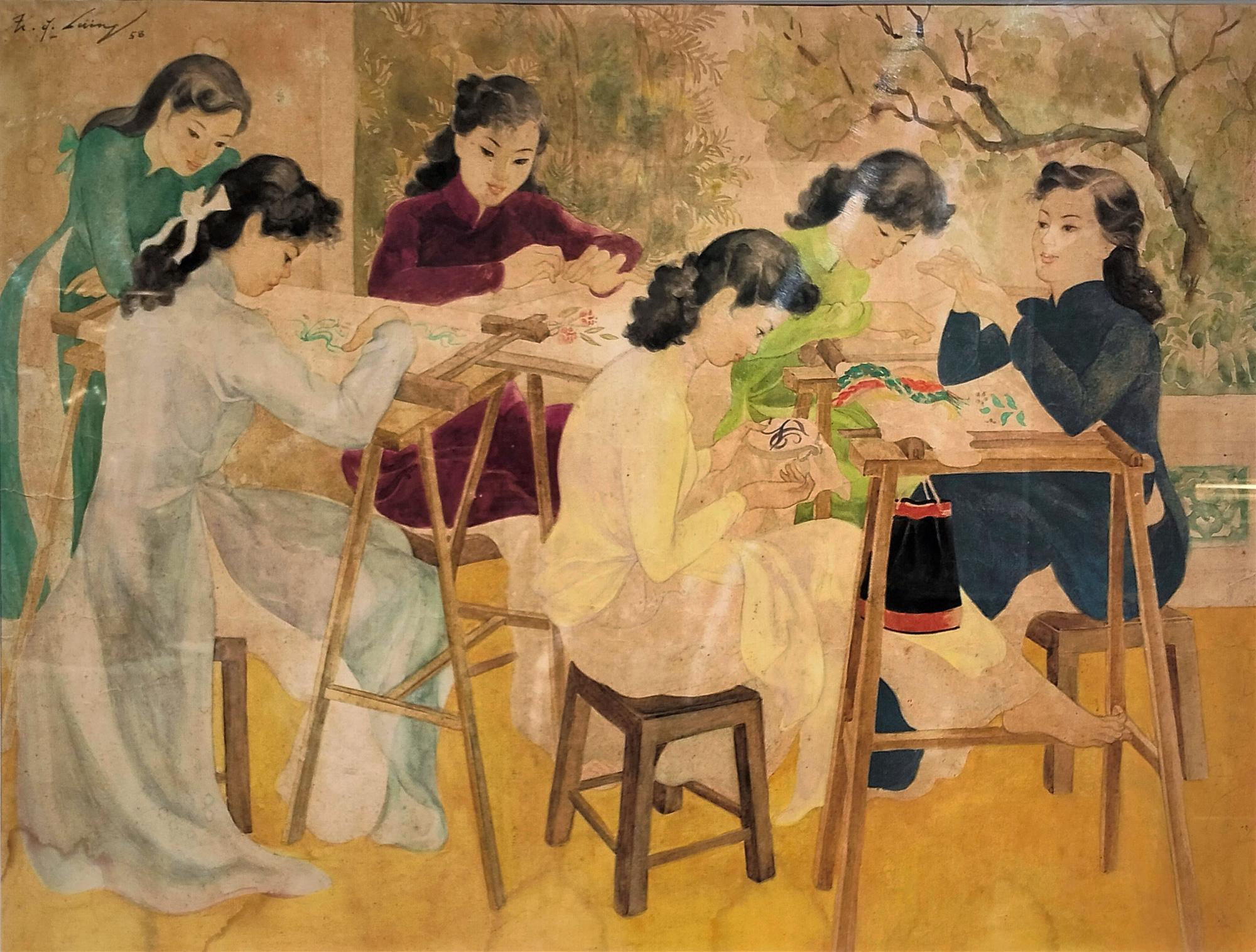 Tranh màu nước "Lớp học thêu" vẽ năm 1958 của họa sĩ Trần Đông Lương (1925-1993).