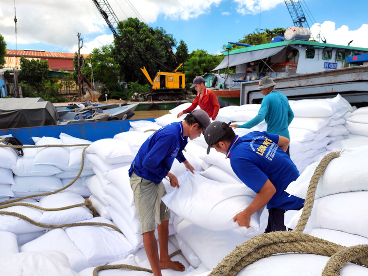 Công nhân đóng thùng container gạo xuất khẩu tại cảng Mỹ Thới (An Giang) - Ảnh: BỬU ĐẤU