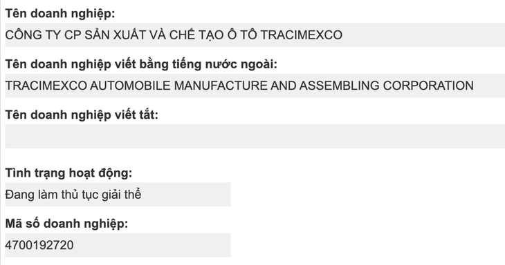 Công ty cổ phần sản xuất và chế tạo ô tô Tracimexco đang làm thủ tục giải thể - Ảnh chụp màn hình