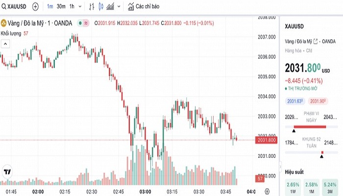 Biểu đồ biến động giá vàng trong 24 giờ qua