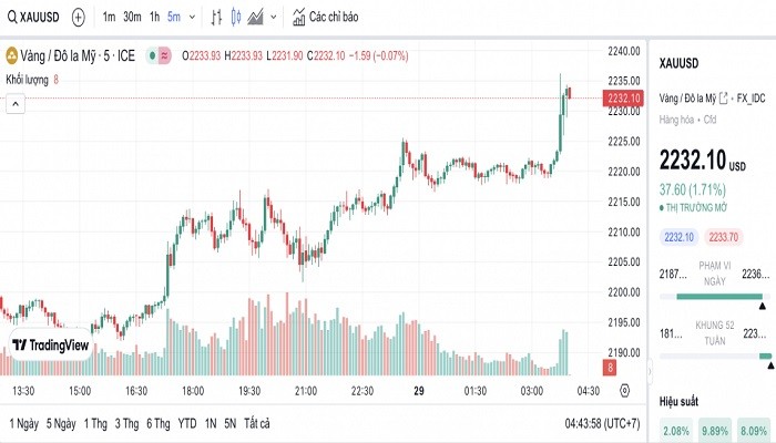 Biểu đồ biến động giá vàng trong 24 giờ qua