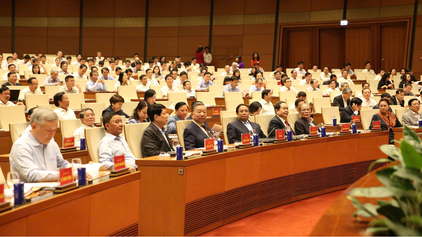 Các đồng chí lãnh đạo cấp cao của Đảng, Nhà nước, Quốc hội, Chính phủ dự Hội nghị - Ảnh: VGP/Nguyễn Hoàng.