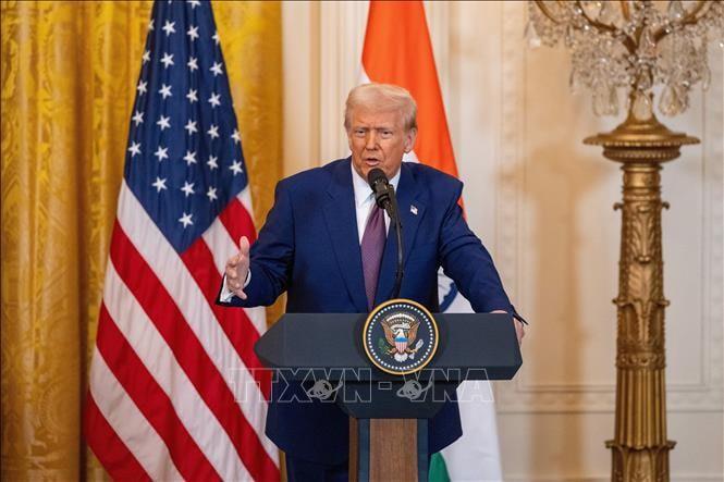 Tổng thống Mỹ Donald Trump phát biểu trong cuộc họp báo tại Nhà Trắng. Ảnh: THX/TTXVN.