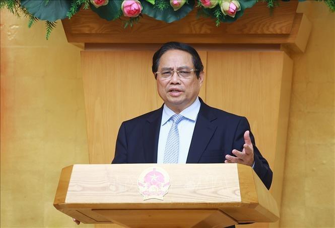 Thủ tướng Phạm Minh Chính chủ trì Phiên họp Chính phủ chuyên đề về xây dựng pháp luật tháng 4. (Ảnh: Dương Giang/TTXVN)