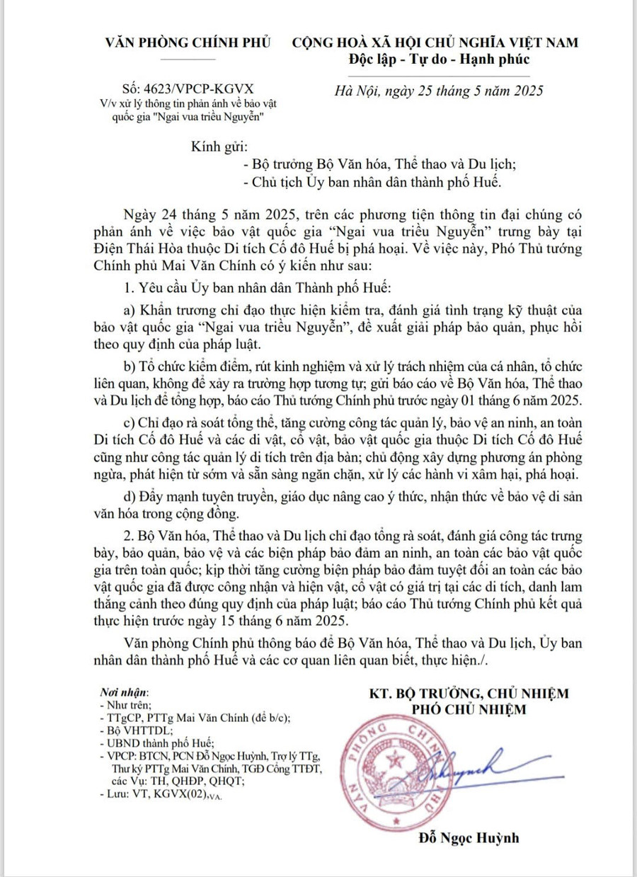 Văn bản truyền đạt ý kiến chỉ đạo của Phó Thủ tướng Mai Văn Chính về việc xử lý thông tin phản ánh về Bảo vật quốc gia “Ngai vua triều Nguyễn” bị phá hoại. z6638869285523-186703968d51084321875386153cfdc5.jpg