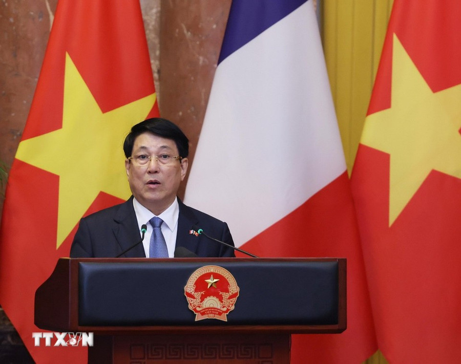 Chủ tịch nước Lương Cường phát biểu tại buổi gặp gỡ báo chí. Ảnh: Lâm Khánh/TTXVN. 278.jpg