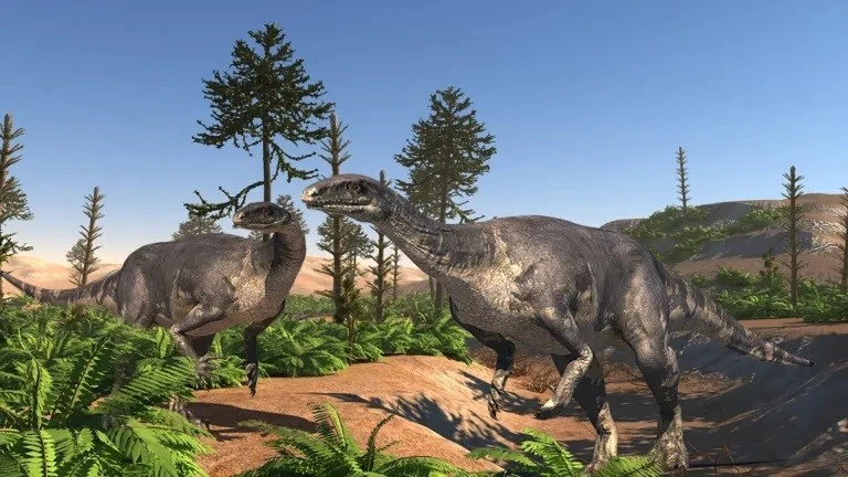 Hai cá thể Plateosaurus trong vùng đất khô cằn vào cuối kỷ Trias.