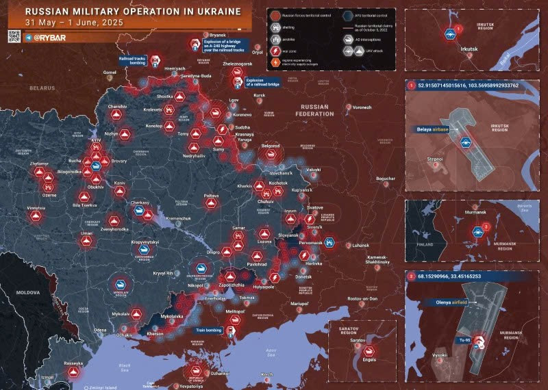 Bản đồ chiến sự Ukraine ngày 1/6/2025. (Ảnh: Rybar) hoa-luc-tan-cong-quy-mo-lon-khap-cac-mat-tran-loat-khi-tai-thanh-sat-vun.jpg