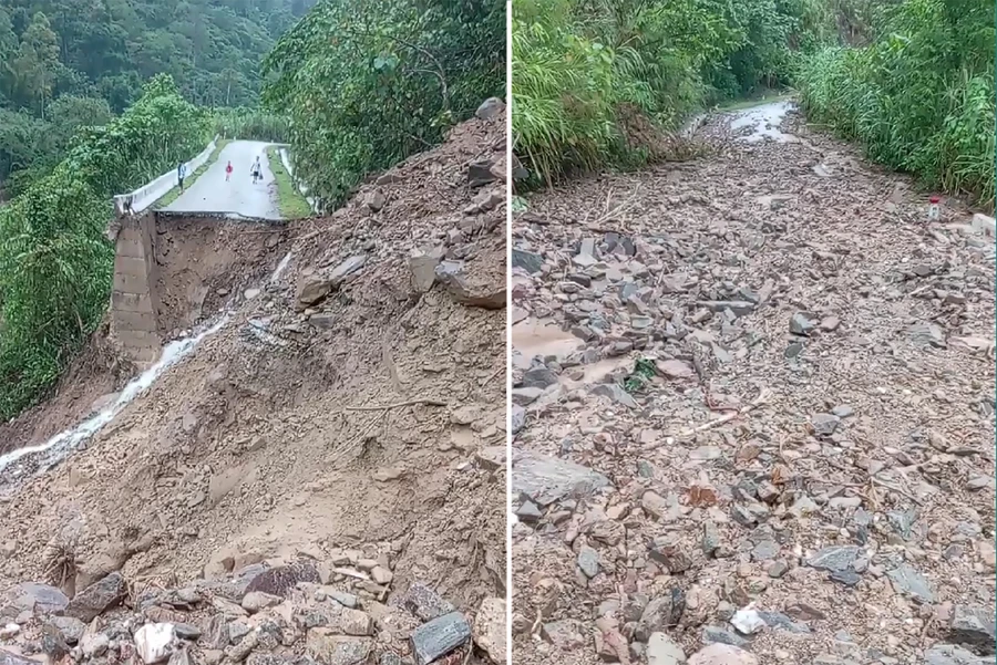 Hiện trường sạt lở Quốc lộ 16 đoạn qua xã Nhôn Mai. (Ảnh: CSCC)