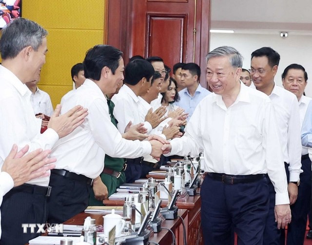 Tổng Bí thư Tô Lâm và các đại biểu tham dự cuộc làm việc. Ảnh: Thống Nhất - TTXVN.  