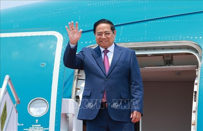 Lễ đón Thủ tướng Phạm Minh Chính đến Thiên Tân bắt đầu chuyến tham dự Hội nghị thường niên các nhà tiên phong lần thứ 16 của WEF. (Ảnh: Dương Giang/TTXVN)