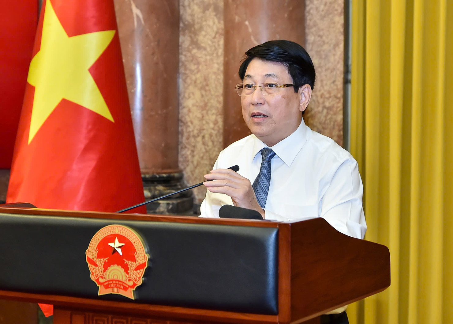 Chủ tịch nước Lương Cường phát biểu tại buổi gặp mặt. (Ảnh: THỦY NGUYÊN)