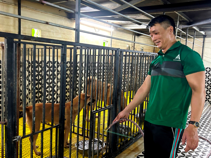 Anh Trần Văn Sơn bên những chú chó được cứu hộ về chăm nuôi.