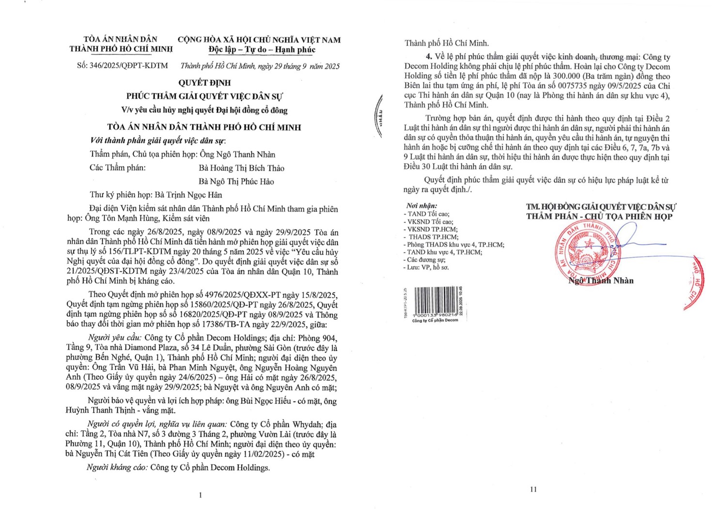 Quyết định Phúc thẩm số 346/2025-QĐPT-KDTM của Toà án Nhân dân TPHCM ngày 29/9/2025 về việc huỷ quyết định ĐHĐCĐ Công ty Whydah.