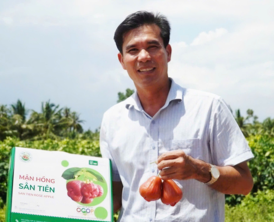 Ông Trần Văn Phục và sản phẩm mận hồng Sân Tiên được quản lý bằng công nghệ số.