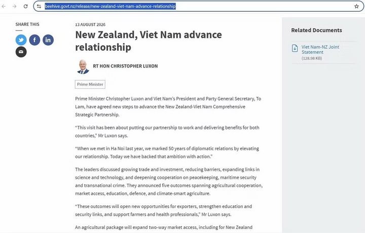 Trang tin của Chính phủ New Zealand https://www.beehive.govt.nz. Ảnh: TTXVN phát